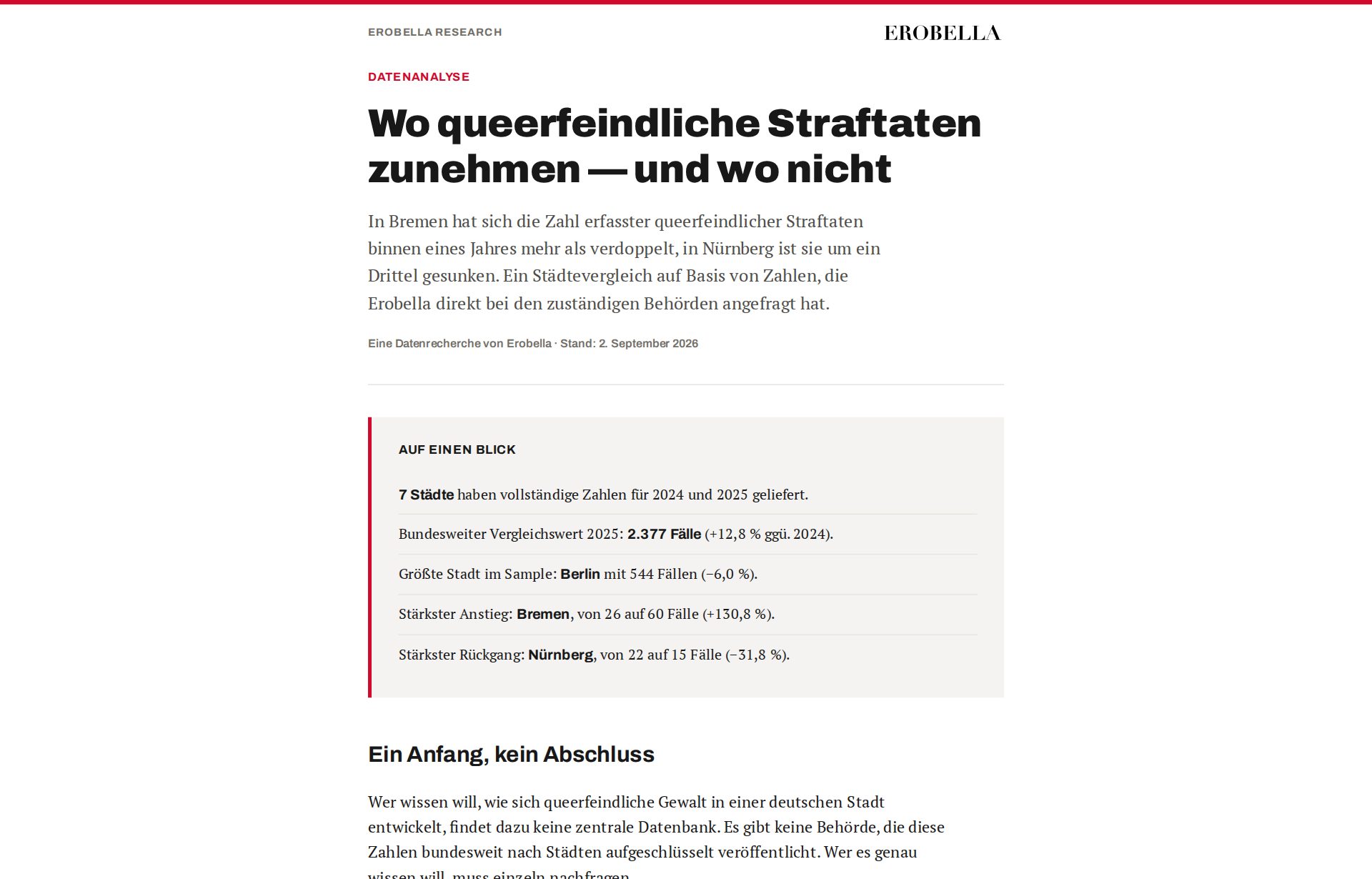 Wo queerfeindliche Straftaten zunehmen, a German-language data analysis in an editorial print layout
